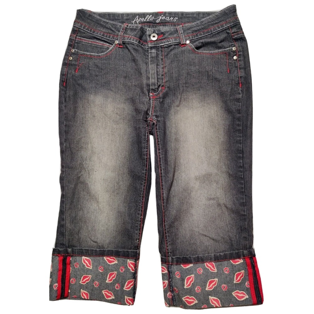 APOLLO‎ JEANS Charcoal KISS LIP Print Cuffed Capri Jeans - Women Juniors 9/10